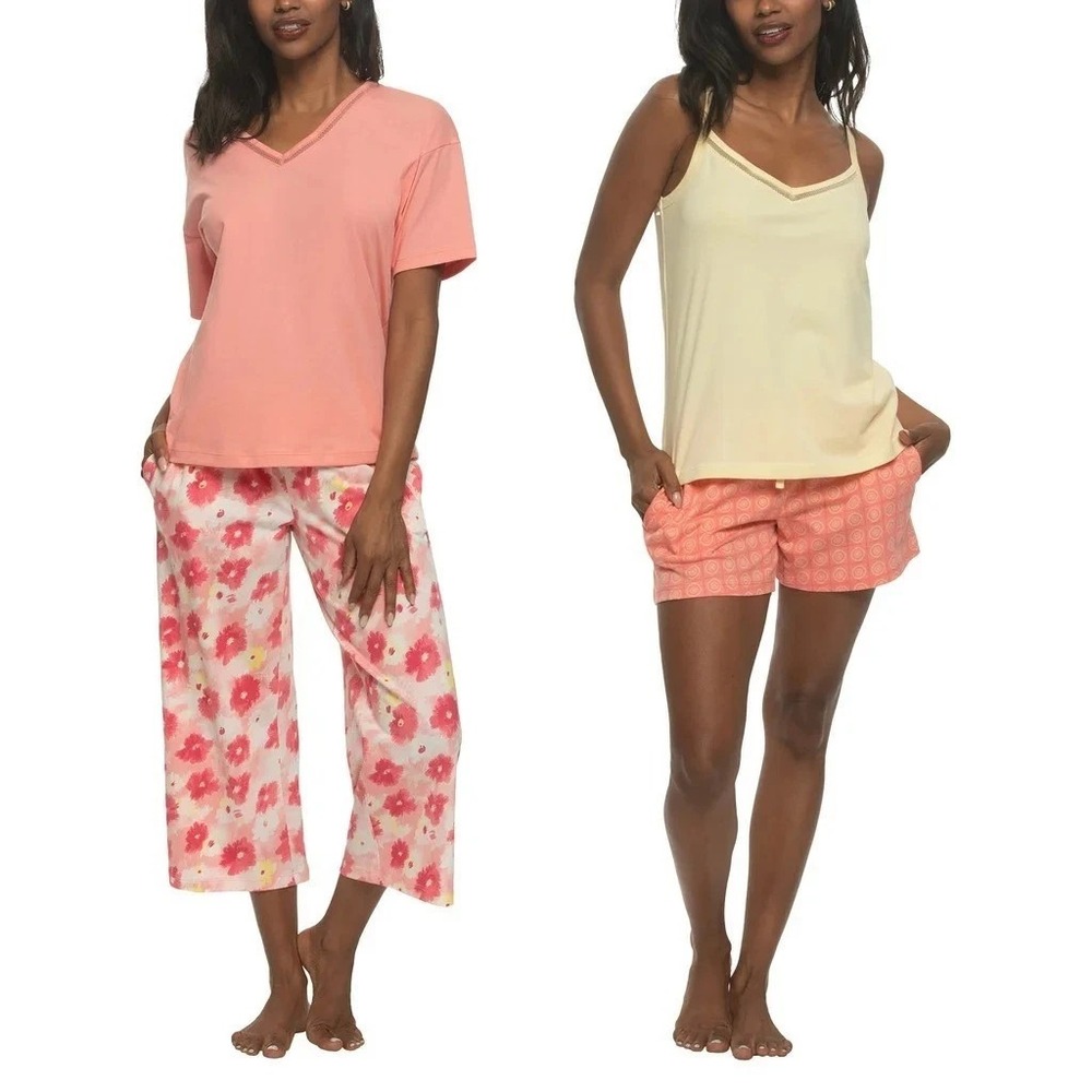 Felina Womens 4-Piece Cotton Pajama Set Pink Yellow Floral Pockets Medium